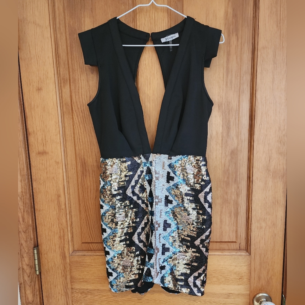 Xtaren Black Mini Dress With Black/White/Gold/Blue Sequins - Size M
